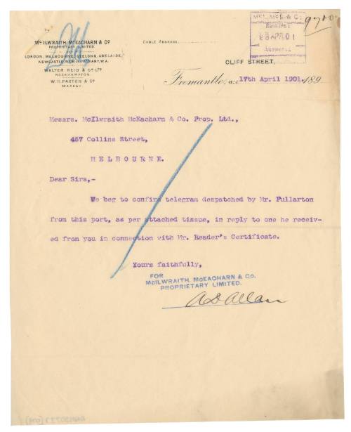 Letter relating to the loss of SS FEDERAL