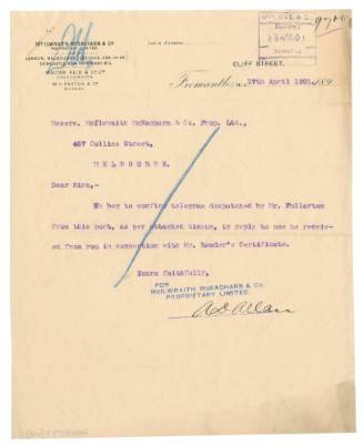 Letter relating to the loss of SS FEDERAL