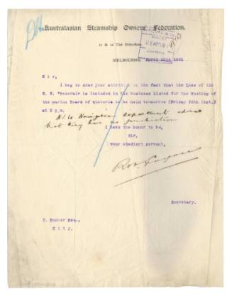 Letter advising that the loss of the SS FEDERAL was included on the business listed for a meeting held on 26 April 1901