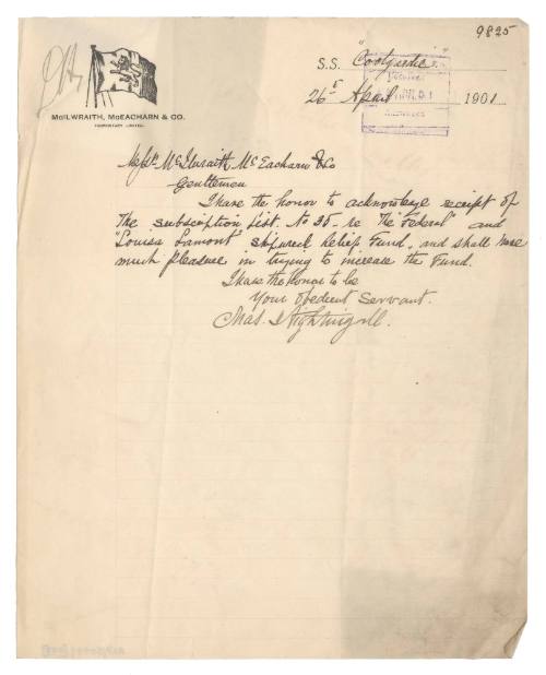 Letter regarding subscription list for the funds of the SS FEDERAL and LOUISA LAMONT shipwrecks