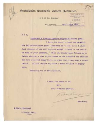 Letter regarding subscription list for the funds of the SS FEDERAL and LOUISA LAMONT shipwrecks