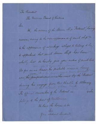 Draft letter notifying the Board that the SS FEDERAL has been completely lost during its voyage from Port Kembla to Albany