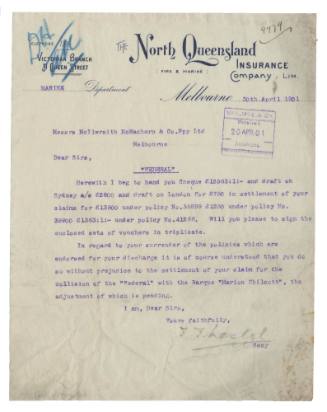 Letter regarding insurance claim for the collision of the SS FEDERAL with the barque MARION CHILCOTT