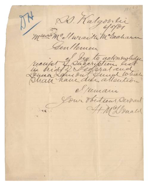 Letter regarding subscription list for the funds of the SS FEDERAL shipwrecks