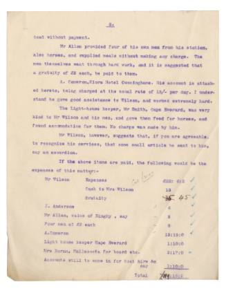 Account list of expenses relating to the loss of SS FEDERAL