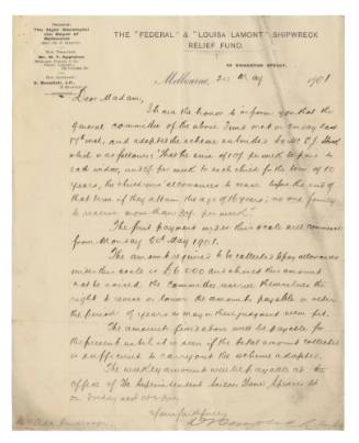 Letter regarding the FEDERAL and LOUISA LAMONT Shipwreck Relief Fund