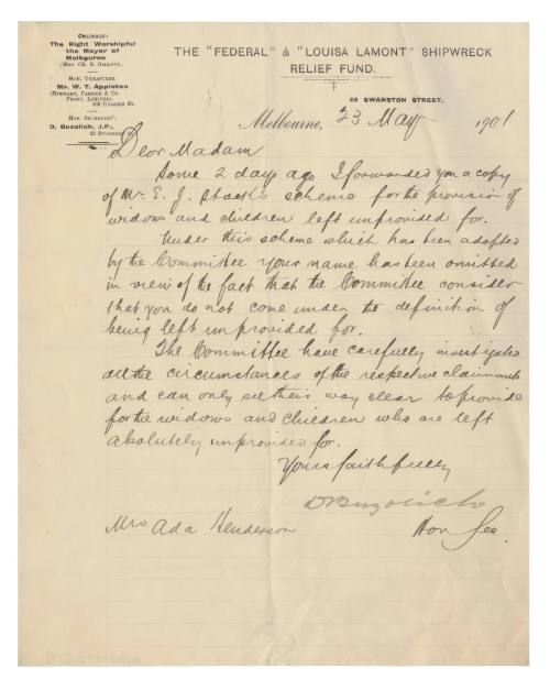 Letter regarding the FEDERAL and LOUISA LAMONT Shipwreck Relief Fund