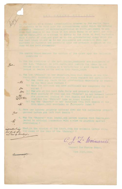 Copy of Marine Board of Victoria’s Enquiry into the loss of SS FEDERAL