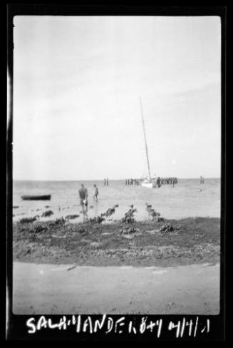 View from the beach of a yacht moored in Salamander Bay