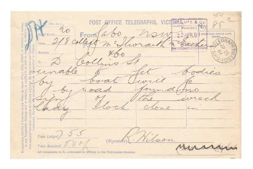 Telegram about the retrieval of bodies of crew from SS FEDERAL