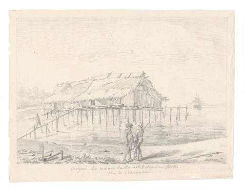 Pencil sketch of houses built on stilts