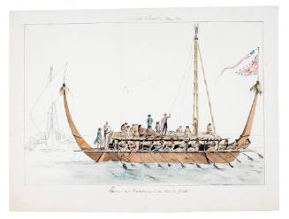 A study of a kora kora belonging to the King of Guebe, under sail before Pisang