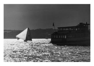 Untitled (18-foot skiff SAM LANDS and ferry on Sydney Harbour)