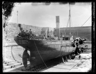 A vessel, probably MERKSWORTH, undergoing repairs in Fitzroy dry dock, Sydney