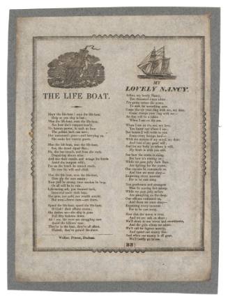 Broadsheet featuring the ballads 'My Lovely Nancy'  and 'The Life Boat'.