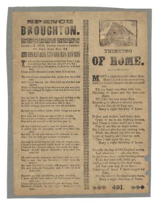 Broadsheet with the ballads 'Thinking of Home' and 'Spence Broughton'.