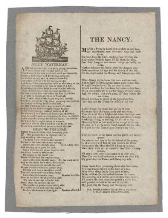 Broadsheet featuring the ballads 'Jolly Waterman', 'Heaving the Lead' and 'The Nancy'.
