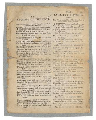 Broadsheet featuring the ballads 'The Sailor's Courtship' and 'The Request of the Poor'