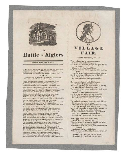 Broadsheet featuring the ballads 'The Battle of Algiers' and "My Village Fair'.