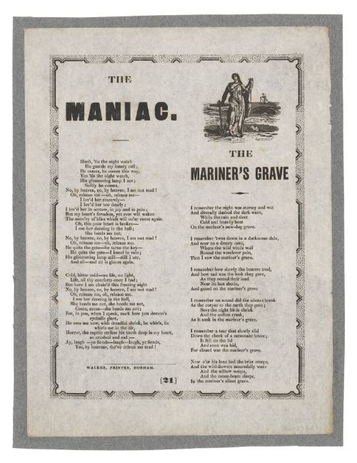 Braodsheet featuring the ballads 'The Mariner's Grave' and 'The Maniac'.