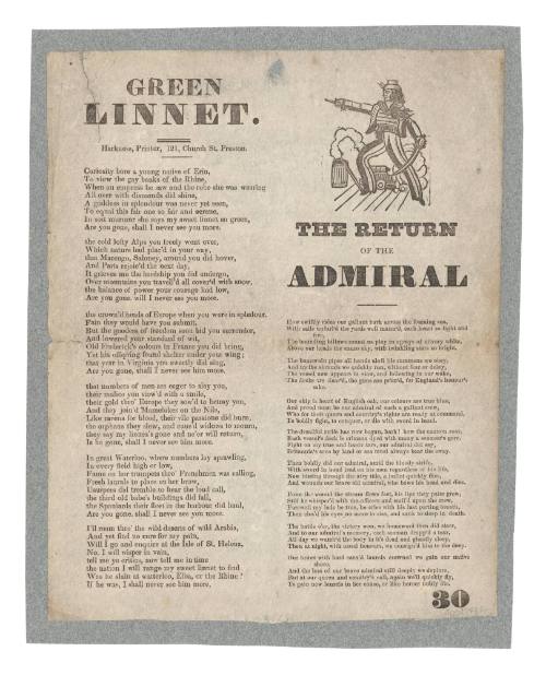 Broadsheet featuring the ballads 'The Return of the Admiral' and 'Green Linnet'.