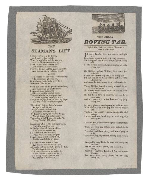 Broadsheet featuring the ballads 'The Seaman's Life' and 'The Jolly Roving Tar'.