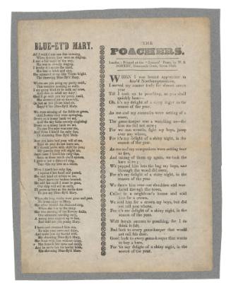 Broadsheet featuring the ballads 'Blue-Ey'd Mary' and 'The Poachers'.