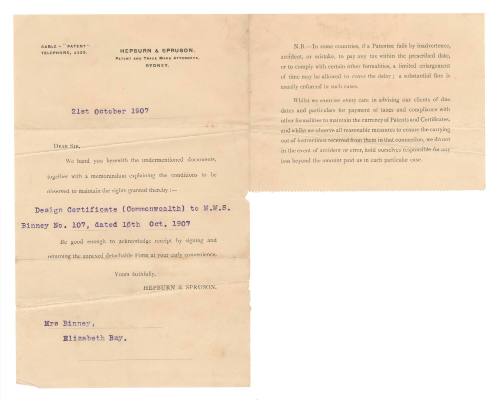 Covering letter: Design Certificate (Commonwealth) to Muriel Binney No.107, 16 October 1907, from Hepburn & Spruson, Patent and Trade Attorneys