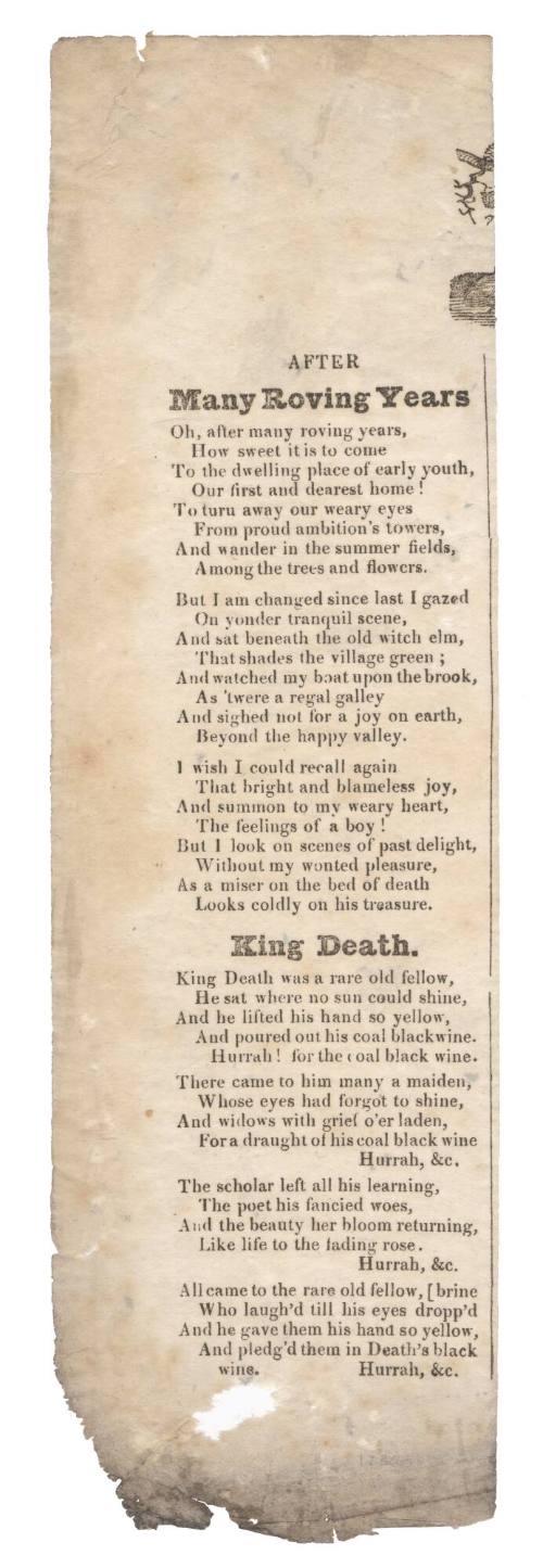 Broadsheet ballads titled 'After Many Roving Years' and 'King Death'.