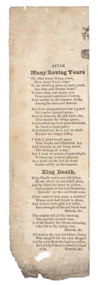 Broadsheet ballads titled 'After Many Roving Years' and 'King Death'.