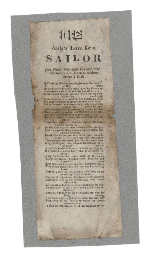 Broadsheet ballad titled 'Sally's Love for a Sailor'.