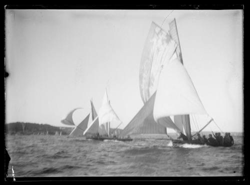 Three unidentified 18-footers on Sydney Harbour, inscribed 1534