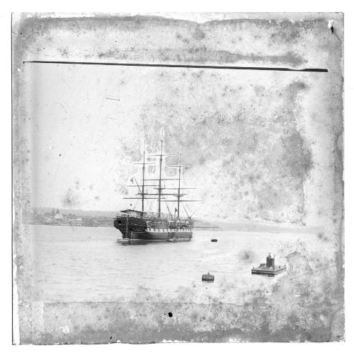 Unidentified three-masted, square-rigged, warship in Sydney Harbour, New South Wales