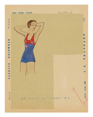 Hand drawn coloured design for female swimsuit on tracing paper, attached to backing page