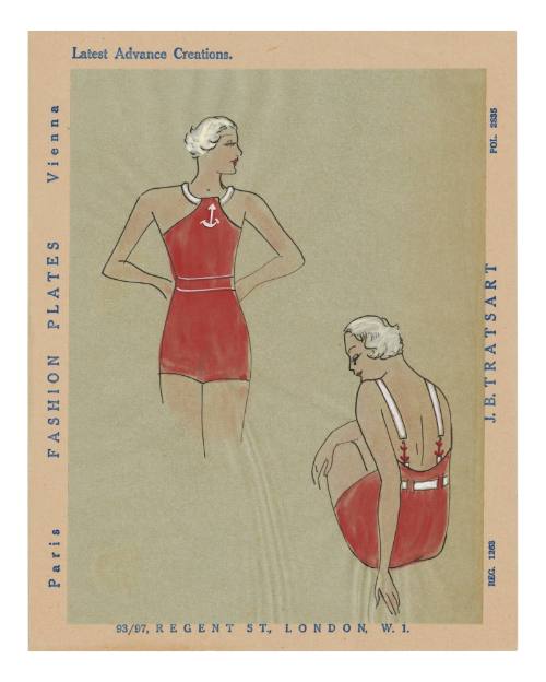 Hand coloured design for two female swimsuit