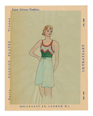 Hand drawn coloured design for female swimsuit on tracing paper, attached to backing page