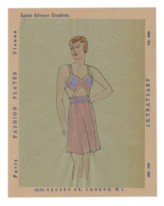 Hand drawn coloured design for female swimsuit on tracing paper, attached to backing page