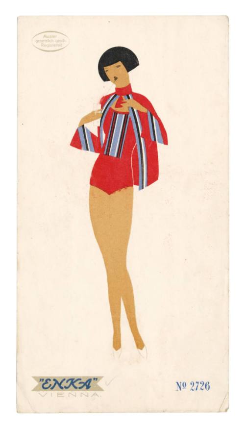 Hand drawn coloured design for a female swimsuit by Enka, Vienna