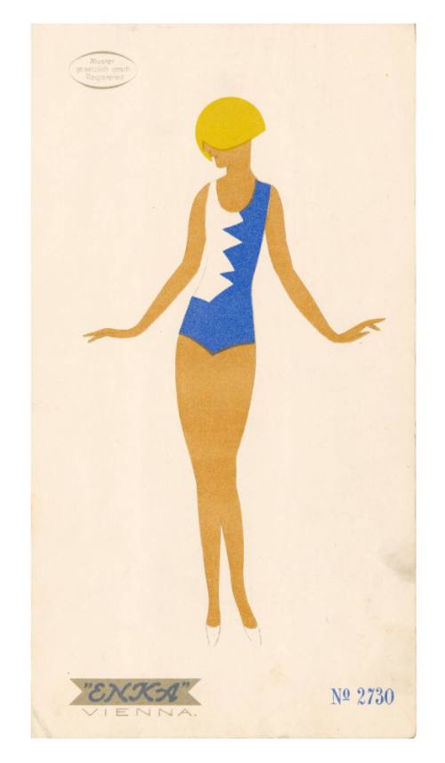 Hand drawn coloured design for a female swimsuit by Enka, Vienna