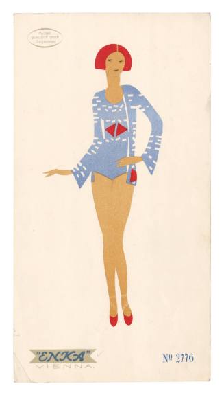 Hand drawn coloured design for a female swimsuit by Enka, Vienna