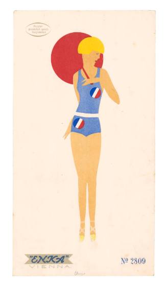 Hand drawn coloured design for a female swimsuit by Enka, Vienna