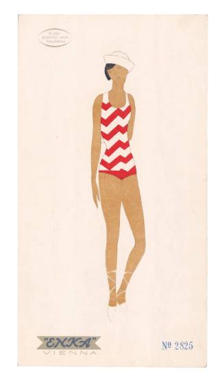 Hand drawn coloured design for a female swimsuit by Enka, Vienna