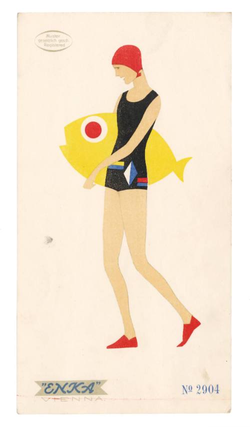 Hand drawn coloured design for a female swimsuit by Enka, Vienna