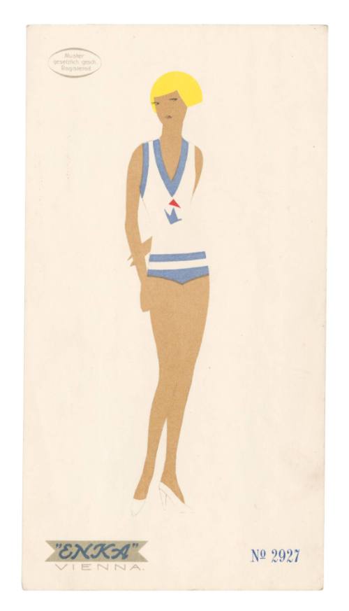 Hand drawn coloured design for a female swimsuit by Enka, Vienna