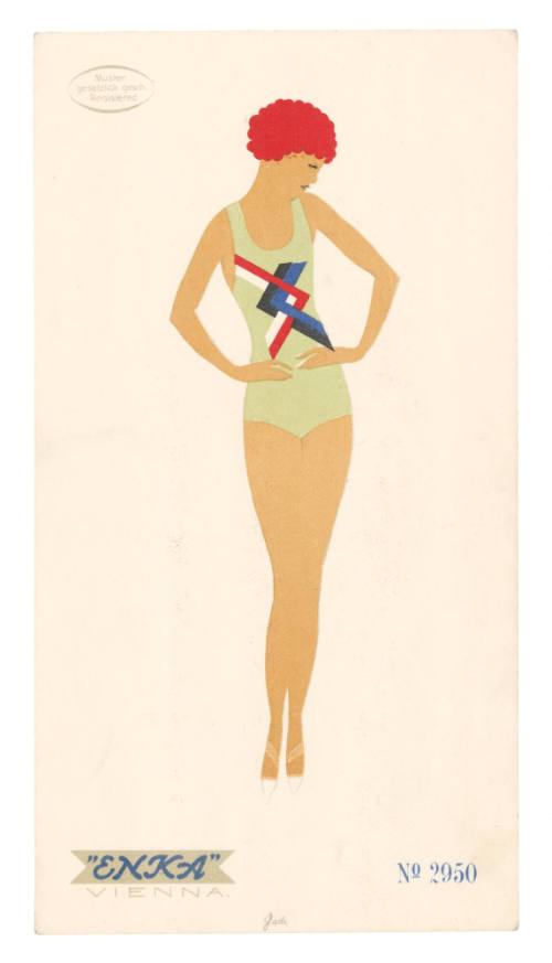 Hand drawn coloured design for a female swimsuit by Enka, Vienna