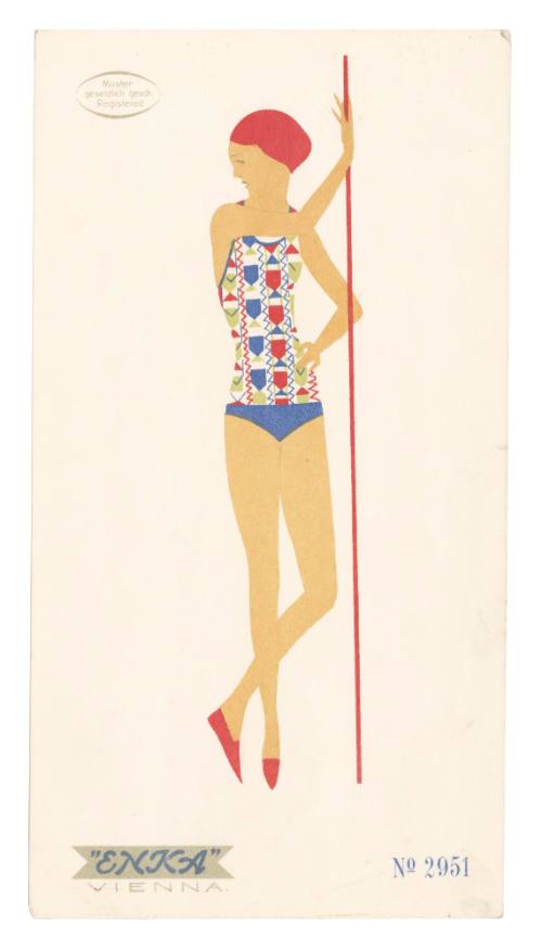 Hand drawn coloured design for a female swimsuit by Enka, Vienna