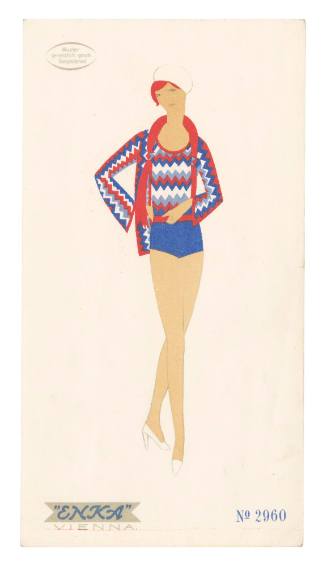 Hand drawn coloured design for a female swimsuit by Enka, Vienna