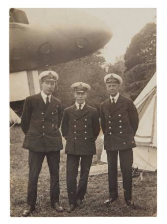 Officer Lionel Hooke with two fellow officers at the Royal Naval Air Services base at Bude