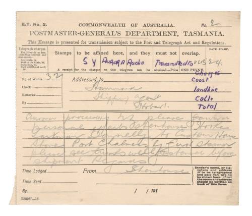 Telegraph from Joseph Stenhouse aboard  SY AURORA  to Stannard Shipping Agent