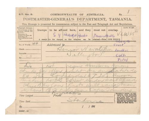 Telegraph to Senior Naval Officer in Wellington from Joseph Stenhouse on AURORA